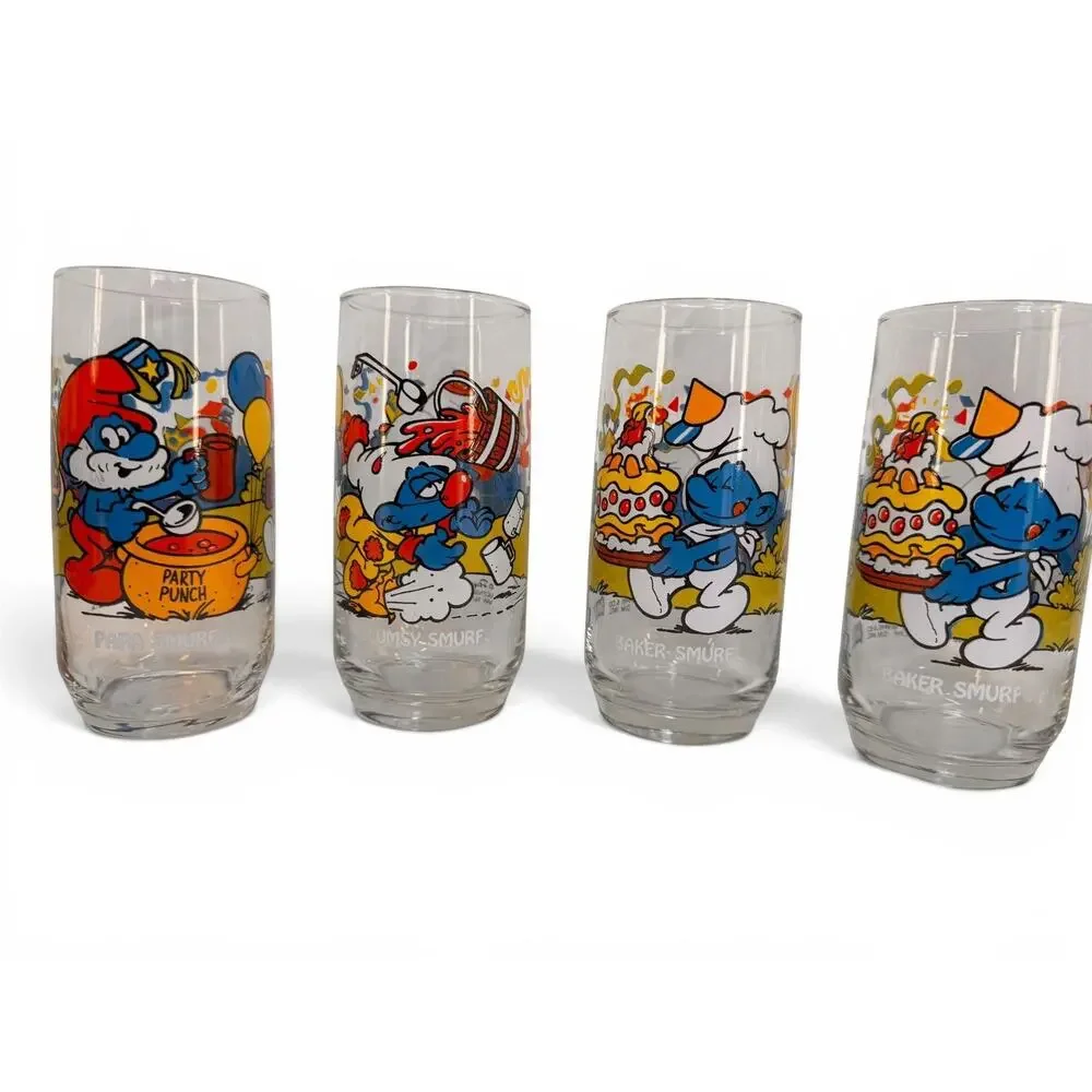 Vintage 1983 Smurf Drinking Glass Lot of 7 Peyo Wallace Berrie Baker Papa Clumsy